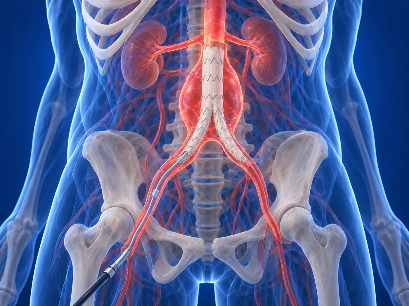 Karın aortundaki anevrizmanın içine kasıktan yerleştirilen stent-greft