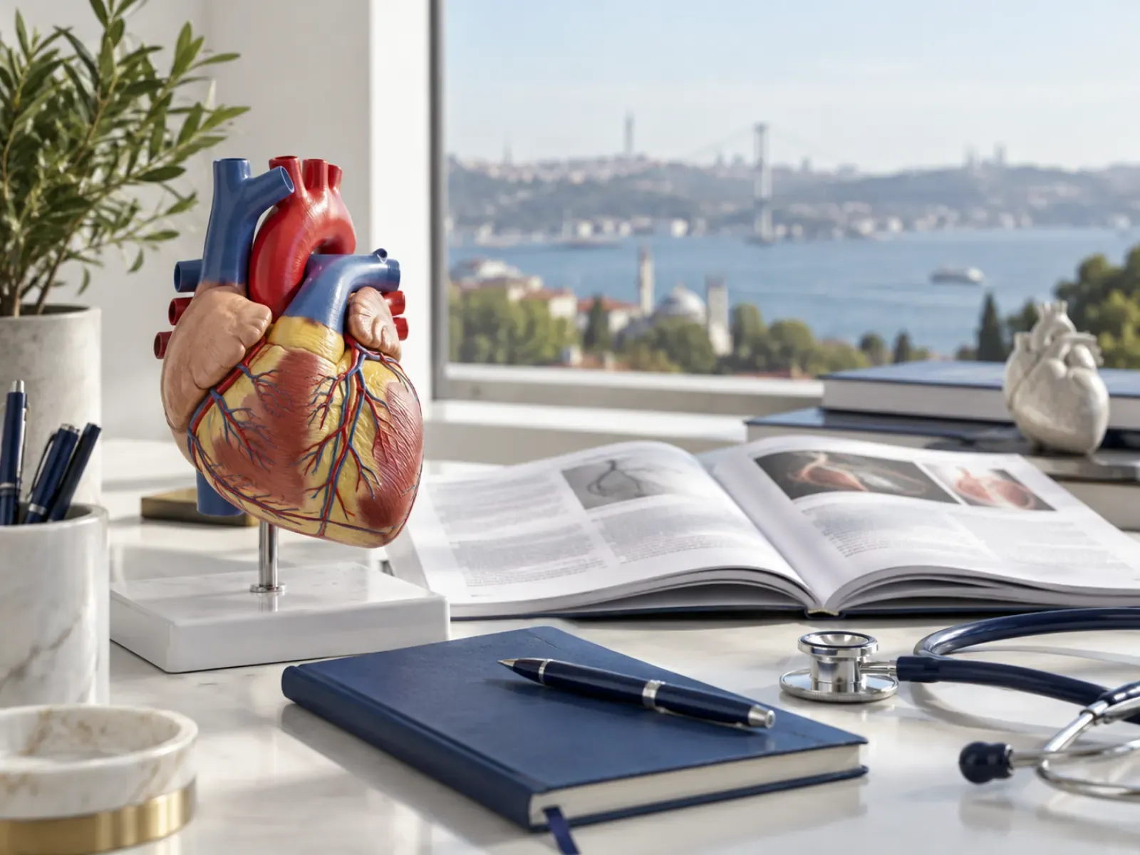 Çalışma masasında anatomik kalp modeli, açık tıp dergisi ve stetoskop